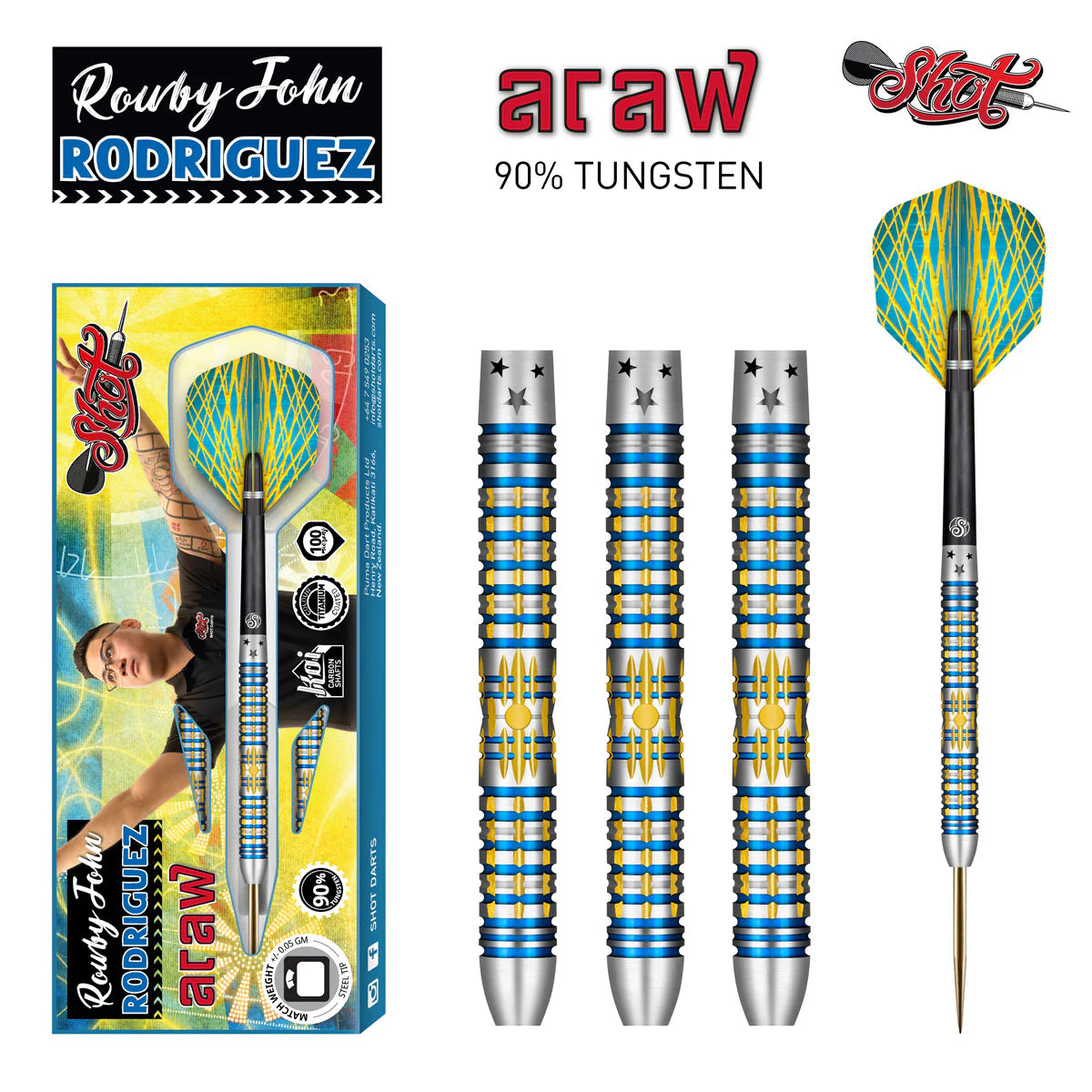 ROWBY-JOHN RODRIGUEZ ARAW 90% TUNGSTEN STEEL TIP DARTS BY SHOT