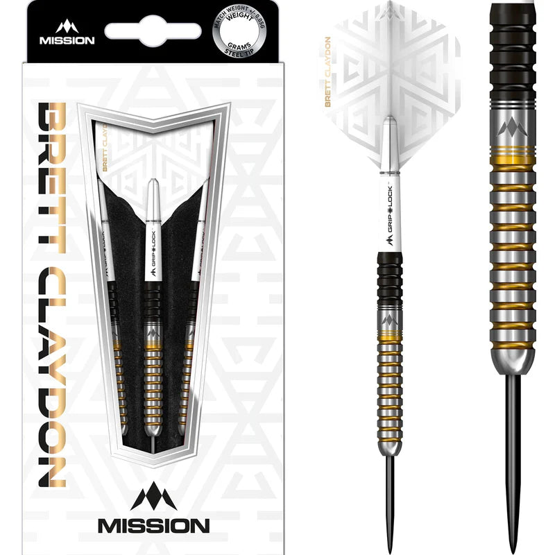 MISSION BRETT CLAYDON DARTS - STEEL TIP - BLACK & GOLD
